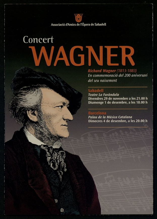 Ein Konzertplakat mit einem zentralen Porträt von Richard Wagner in einem schwarzen Anzug und einem weißen Hemd mit zurückgekämmtem Haar vor einem hellblauen Hintergrund mit fetter schwarzer Schrift.