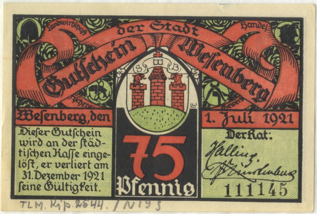 Ein altes deutsches Banknote mit einem Gebäude darauf, mit dem Text "Bundesliga" und einem Logo unten, auf einem weißen Hintergrund.