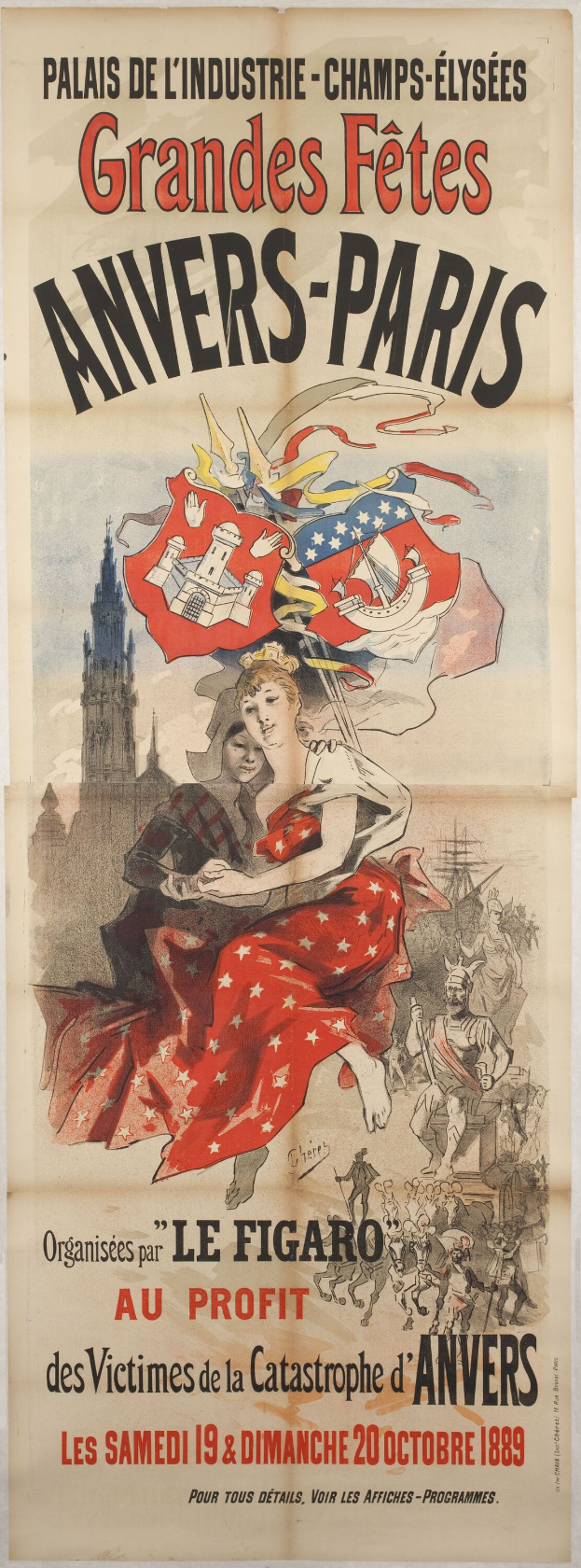 Plakat für die Grandes Fêtes Annivers-Paris mit einer Frau in rotem Kleid und einem menschlichen Gesicht in der Mitte sowie Textinformationen zum Event.