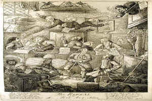 Eine Gravur einer Gruppe von Menschen, die um einen Tisch in einem Raum sitzen, einige halten Papiere mit der Aufschrift "Die Aufhebung des Testgesetzes" unten.