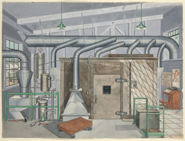 Eine Zeichnung eines Fabrikinnenraums mit einer großen zentralen Maschine, umgeben von verschiedenen Geräten, einem Wagen, einem Tisch, einem Stuhl, einer Tafel mit der Aufschrift "American Foundry Equipment Co, Indiana", Fenstern und Deckenlampen.