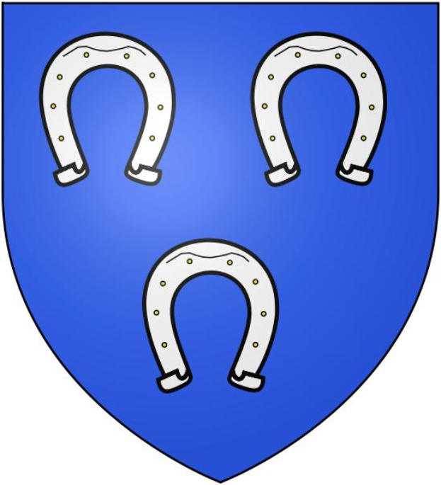 Ein blau-weißer Schild mit zwei Hufeisen, geteilt in eine blaue obere Hälfte mit einem Muster aus Kreisen und Linien, einen rot-weißen Karomittelteil und eine weiße untere Hälfte mit einer schwarzen 'Stuttgart'-Aufschrift.