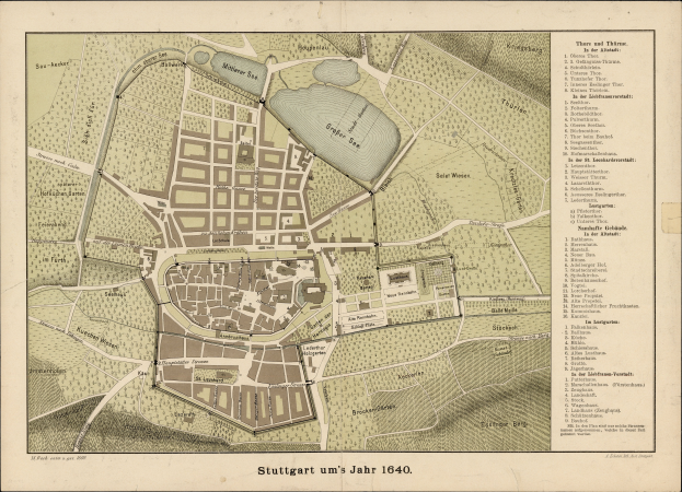 Ein detaillierter Stadtplan von Stuttgart, Deutschland aus dem Jahr 1640, mit Text und umfassender Gebietsübersicht.