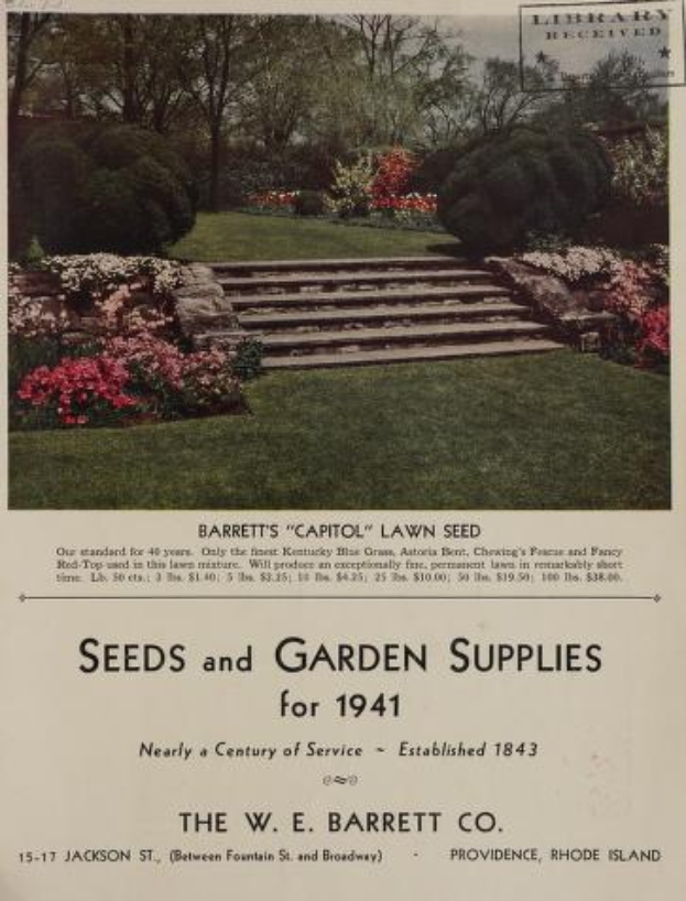 Ein Bild mit einer Abbildung von Pflanzen, Blumen, Gras, Stufen, Bäumen und dem Himmel, das den Text 'W.E. Barrett Co. Saatgut und Gartenzubehör für 1941' enthält.