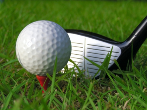 Ein Golfball links und ein Schläger rechts mit Gras im Hintergrund.