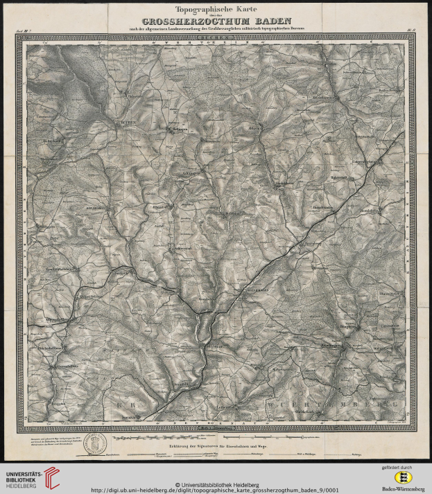 Ein gerahmtes topografisches Kartenbild von Baden-Württemberg, Deutschland, das Geländekonturen, Höhenangaben und geografische Merkmale zeigt, mit Text oben und unten.