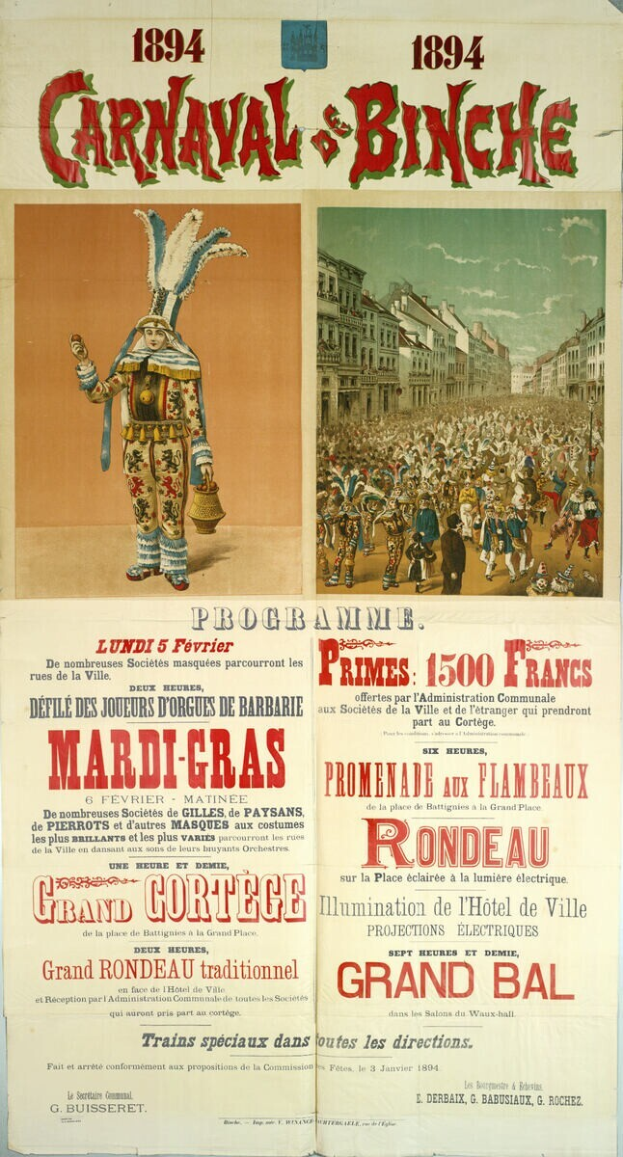 Ein Vintage-Plakat, das ein Karnevalsfest in Banche, Frankreich, ankündigt, mit Illustrationen von Menschen, Gebäuden und Text.
