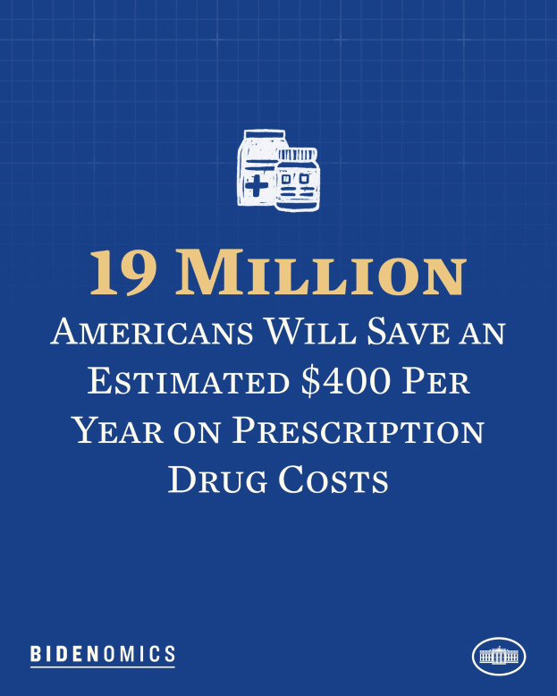 Ein blauer Hintergrund mit wei├čer Schrift und einem Logo, das "19 Millionen Amerikaner werden sch├Ątzungsweise 400 USD pro Jahr an Rezeptkosten sparen" lautet.