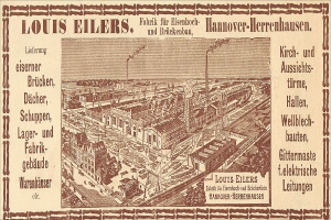 Eine alte Werbung für die Louis Eilers Hannover-Herrenhausen-Fabrik, die ein Fabrikgebäude mit Text zeigt.