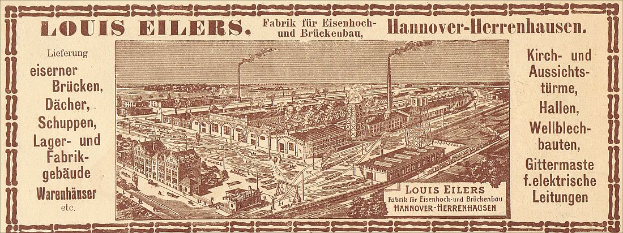 Eine alte Werbung für die Louis Eilers Hannover-Herrenhausen-Fabrik, die ein Fabrikgebäude mit Text zeigt.