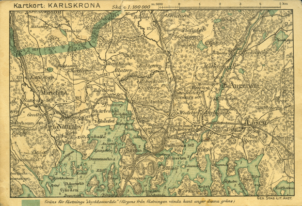 Ausführliche alte Karte von Karlsruhe, Deutschland, mit sichtbaren Straßen, Gebäuden und Sehenswürdigkeiten, begleitet von Text oben und unten auf dem Papier.