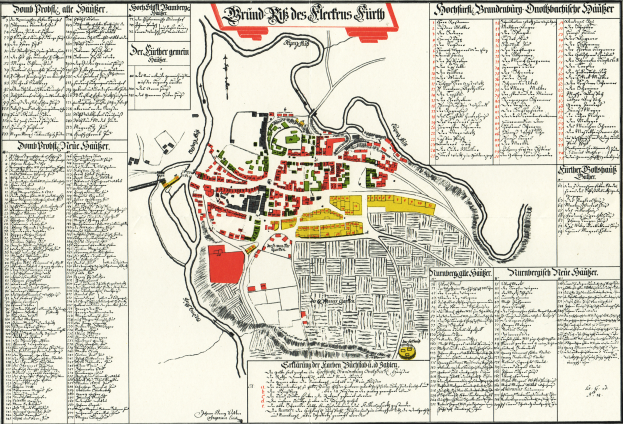 Ein detailliertes altes Stadtplan von Stuttgart, Deutschland, das Straßen, Gebäude, Sehenswürdigkeiten und Text enthält, der Informationen über die Bevölkerung und bemerkenswerte Merkmale der Stadt bereitstellt.
