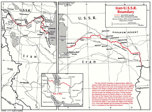 Eine detaillierte Karte der iranisch-sowjetischen Grenze, die geografische Merkmale und Text enthält, der Länder und ihre Grenzen beschreibt.