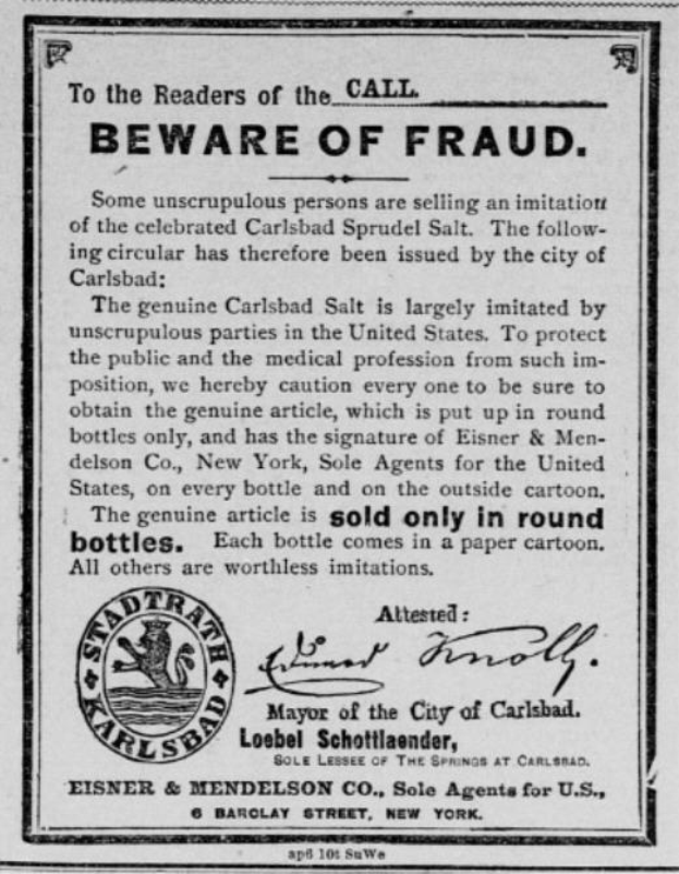 Schwarzer und weißer Plakat warnung vor betrug mit text "Carlsbad Spruud Salt" und einem zugehörigen logo.