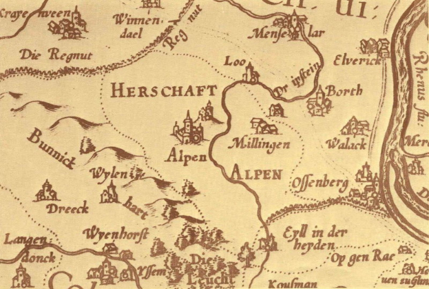 Ein altes Stadtplan von Herschaft, Deutschland, der Straßen, Gebäude, Bäume und andere städtische Merkmale zeigt, mit begleitendem Text und Illustrationen.