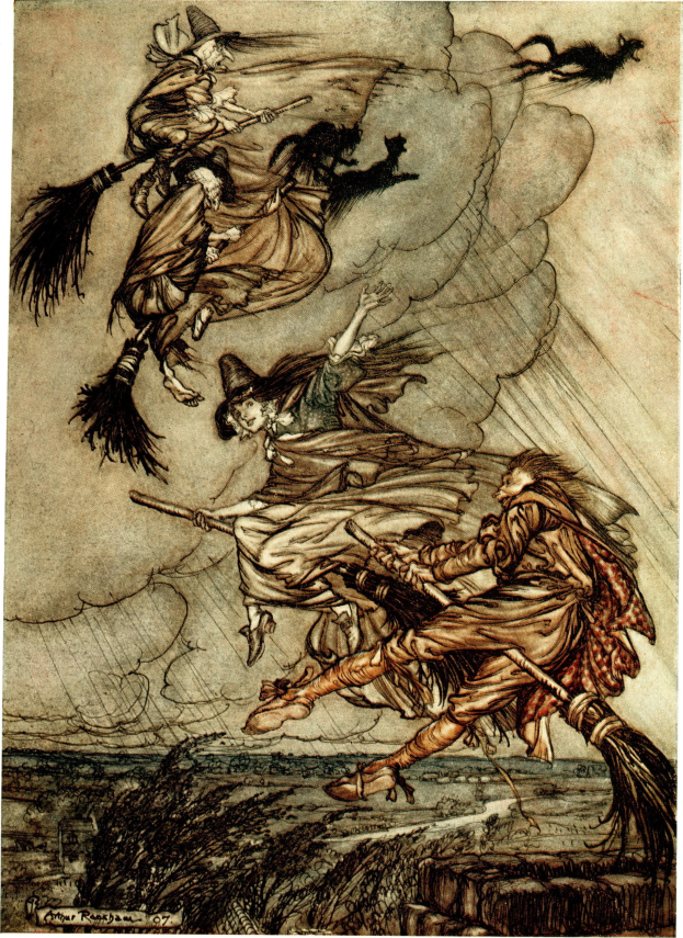 Gemälde von Arthur Rackham namens "Die Hexen", das drei Hexen auf einem Besenstiel zeigt, die über Pflanzen fliegen.