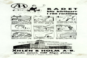 Eine Frau mit einem Pferdeschwanz, die ein weißes Bikini mit blauen und weißen Streifen trägt, schaut direkt in die Kamera, umgeben von Bildern von Menschen, hohen modernen Gebäuden und fettem Text.