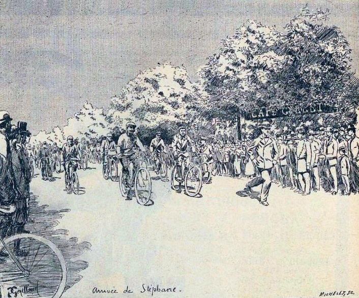 Eine bunte Illustration von Radfahrern, die eine von Bäumen gesäumte Straße hinunterfahren, mit dem Text "Annie de Stipbane - Tour de France" unten.