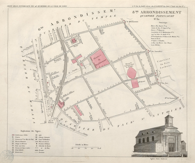 Detailiertes altes Pariser Stadtplan mit einem zentralen Gebäude, das Straßen, Sehenswürdigkeiten und Textbeschriftungen zeigt.