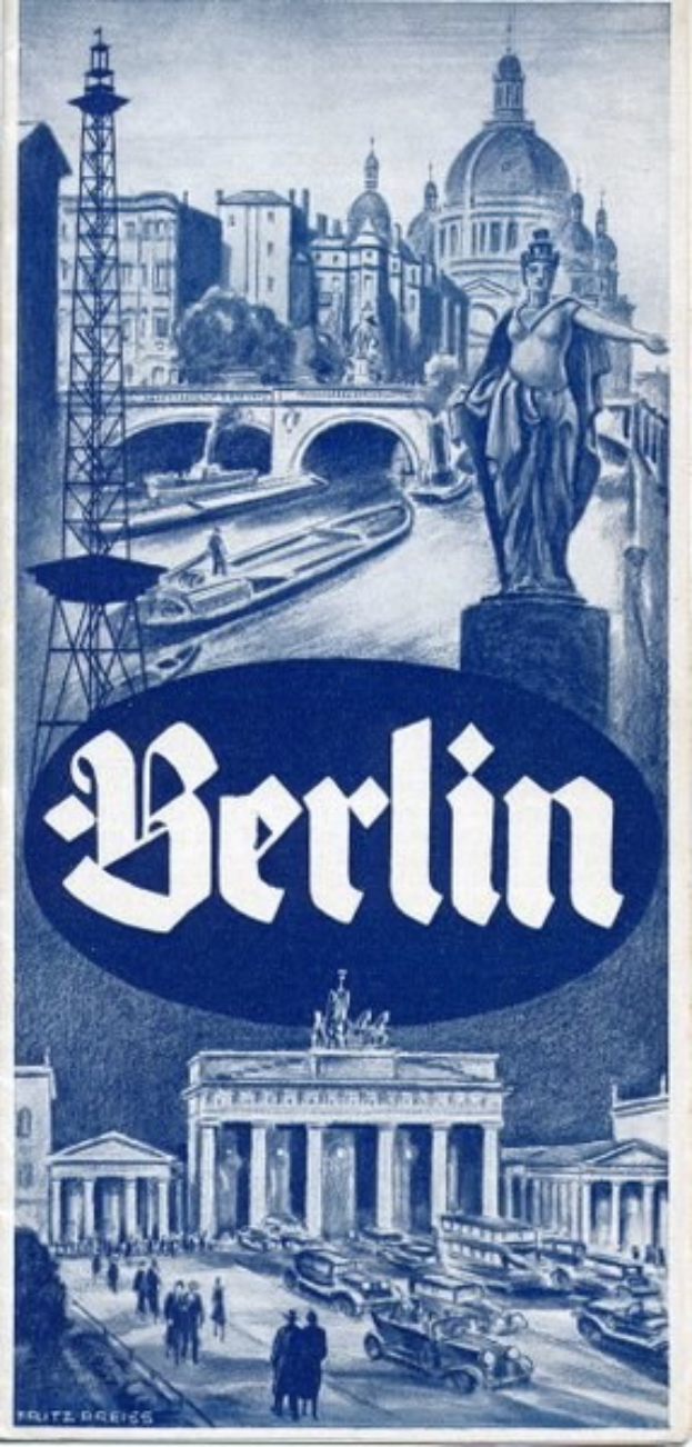 Plakat wirbt für Berlin, Deutschland, mit einer Statue, Gebäuden, einem Turm, Menschen, Fahrzeugen auf der Straße und einer Brücke mit Text, der Informationen über die Stadt enthält.