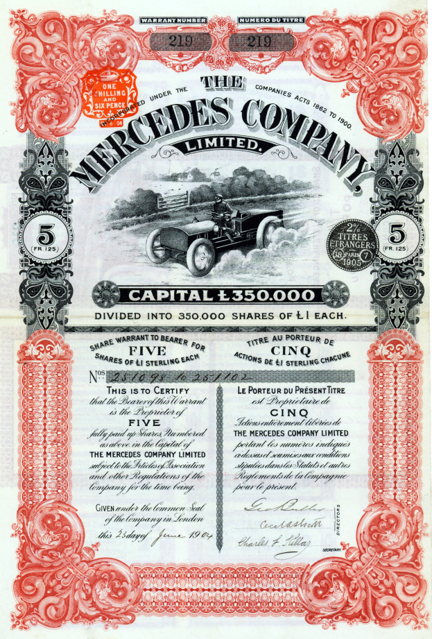 Ein Blatt Papier mit der Schrift "Mercedes-Benz Company Limited Aktienzertifikat" in fetter Schrift, zentriert, und ein Bild eines klassischen Autos mit schlankem Design und glänzender Lackierung auf einem hellblauen Hintergrund.