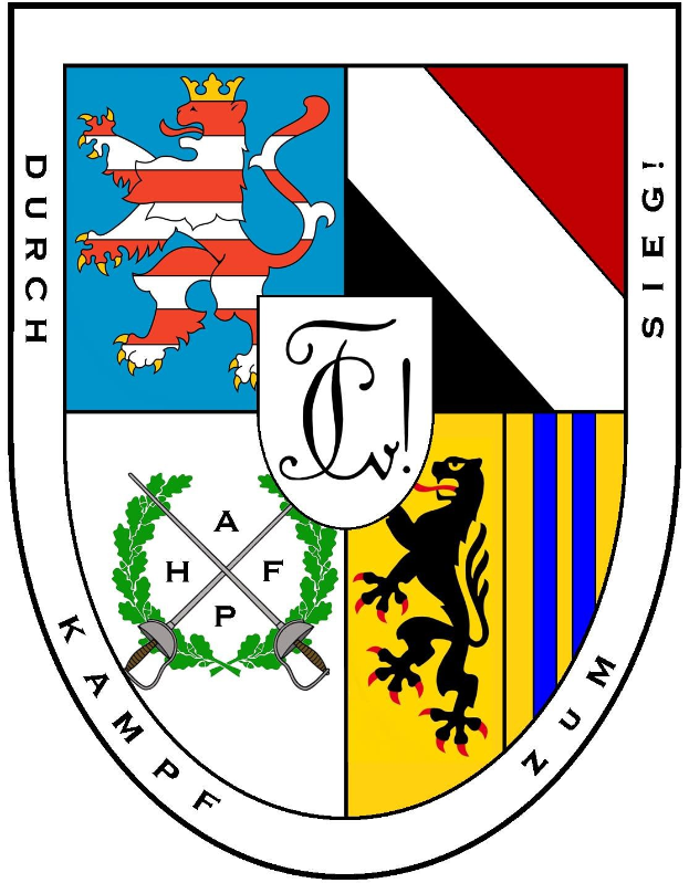 Das Wappen von Stuttgart zeigt zwei Löwen, die ein Schild mit einer Krone flankieren, ein Banner mit der Aufschrift 'Stuttgart' in der Mitte, einen Lorbeerkranz um das Schild und ein rotes und weißes Karomuster oben.