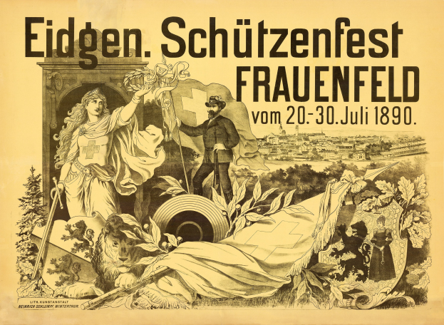 Plakat für das Eidgenössische Schützenfest in Frauenfeld, Deutschland, das einen Mann in einem Anzug und eine Frau in einem Kleid zeigt, die nebeneinander stehen, mit Veranstaltungstexten.