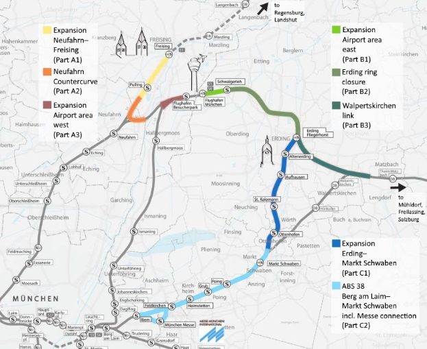 Eine detaillierte Karte einer Stadt mit einer hervorgehobenen Bahnroute von München nach Frankfurt, einschließlich Haltepunkten, Umgebungsbereich und zusätzlicher Bahninformationen.