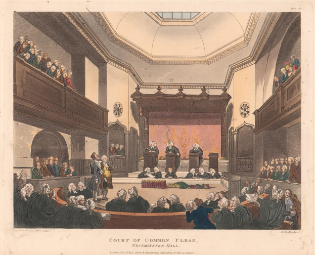 Gerichtssaal-Szene mit sitzenden und stehenden Personen, Bänken links und rechts und Text unten, der "Court of Common Pleas, Westminster Hall, London, England" lautet.
