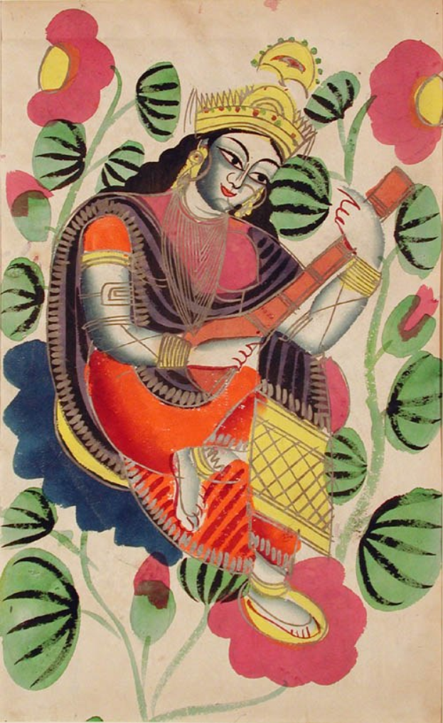 Eine Frau in einem bunten Kleid spielt ein Saiteninstrument, umgeben von blühenden Blumen, mit einem friedlichen und konzentrierten Ausdruck.