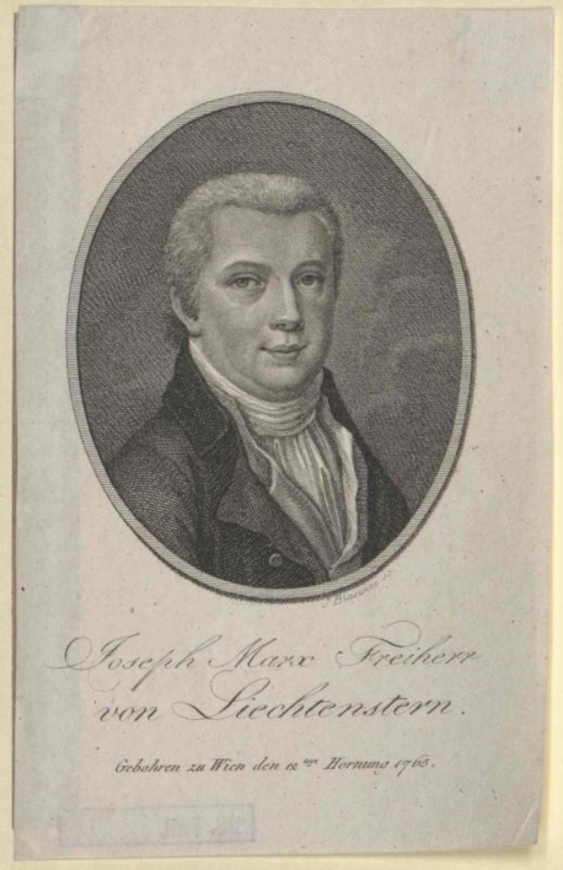 Portrait von Joseph Marx Freicher von Liechtenstein, einem deutschen Komponisten, der einen schwarzen Anzug und ein weißes Hemd trägt und einen ernsten Ausdruck hat.