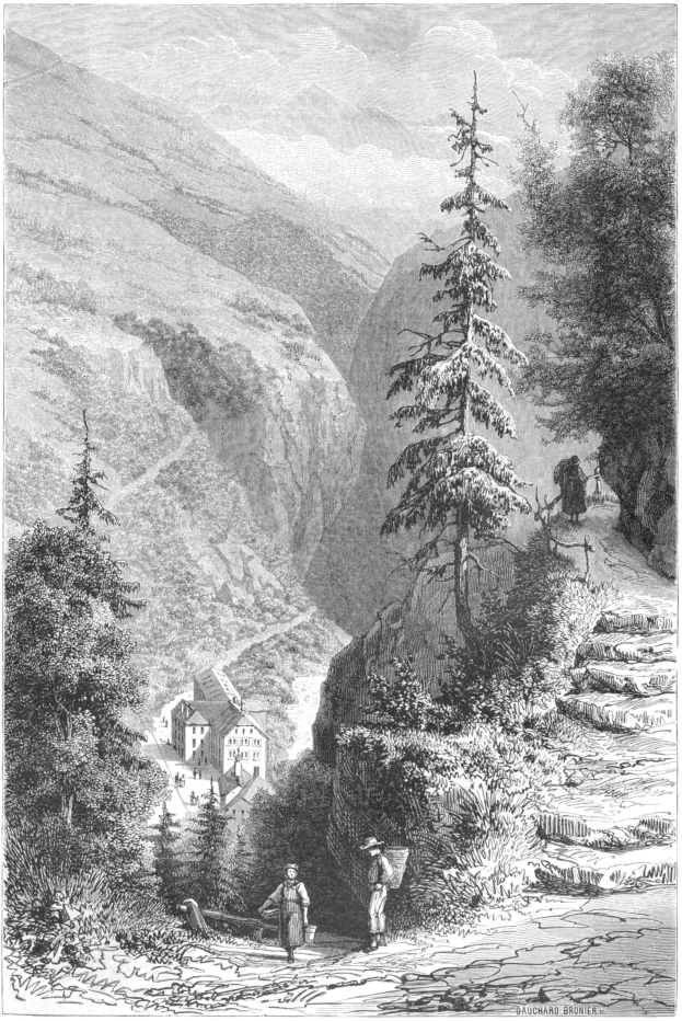 Eine Schwarzweiß-Gravur eines Mannes, der auf einem Pfad in einer bergigen Landschaft mit Bäumen, Hügeln und einem bewölkten Himmel läuft, mit dem Text "Alpine Village in Switzerland" unten.