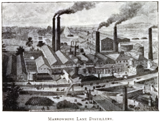 Eine Schwarz-Weiß-Zeichnung einer Fabrik mit Rauch, der aus ihrem Schornstein kommt, umgeben von Gebäuden, Bäumen und Menschen, mit dem Text "Marrowbone Lane Distillery" unten.