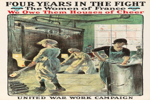 Plakat mit vier Frauen, die in einer Reihe stehen und entschlossene Gesichter haben, betitelt mit "Wir schulden ihnen Häuser der Freude", symbolisiert ihren Kampf und ihre Widerstandsfähigkeit.