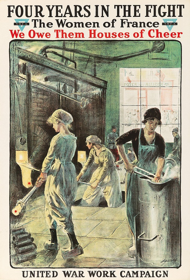 Plakat mit vier Frauen, die in einer Reihe stehen und entschlossene Gesichter haben, betitelt mit "Wir schulden ihnen Häuser der Freude", symbolisiert ihren Kampf und ihre Widerstandsfähigkeit.