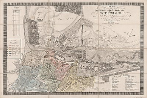 Ein detaillierter alter Stadtplan von Weimar, Deutschland, der Straßen, Gebäude und Sehenswürdigkeiten zeigt, mit begleitendem Text über die Bevölkerung und Merkmale der Stadt.