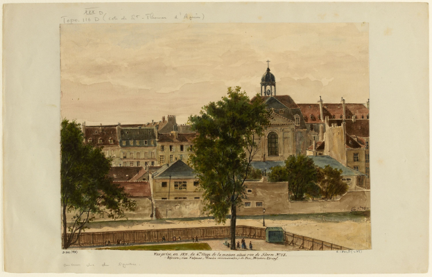 Gemälde einer Stadtansicht mit einer Kirche im Hintergrund, umgeben von Gebäuden, Bäumen, Menschen, einem Zaun und einem Himmel, mit Text unten.