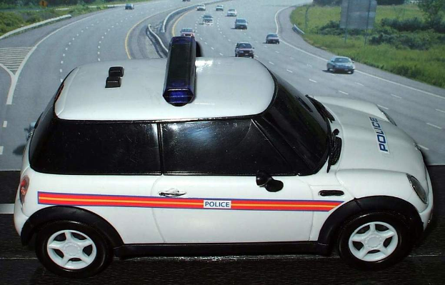 Ein weißer Polizeiwagen steht im Vordergrund mit mehreren fahrenden Fahrzeugen auf der Straße dahinter, umgeben von Gras und Bäumen auf beiden Seiten.