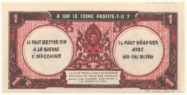Alter französischer Geldschein mit einem ernst dreinblickenden Mann in einem Anzug, mit der Aufschrift "A qui le crime profite-il?" auf einem weißen Hintergrund mit schwarzem Rand.