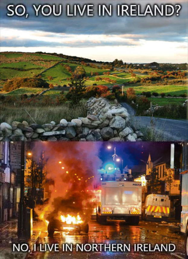 Oberstes Bild: eine Landschaft mit Gras, Bergen und Grünfläche. Unteres Bild: Fahrzeuge auf einer Straße mit Feuer.