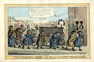 Eine Karikatur auf einem Blatt Papier, das eine Gruppe von Menschen zeigt, die eine Straße entlanggehen, einige halten Gegenstände, mit Gebäuden und Himmel im Hintergrund und Text unten, der lautet "Die Charlies in Trauer oder das Begräbnis der Stadtwache-Kästen".