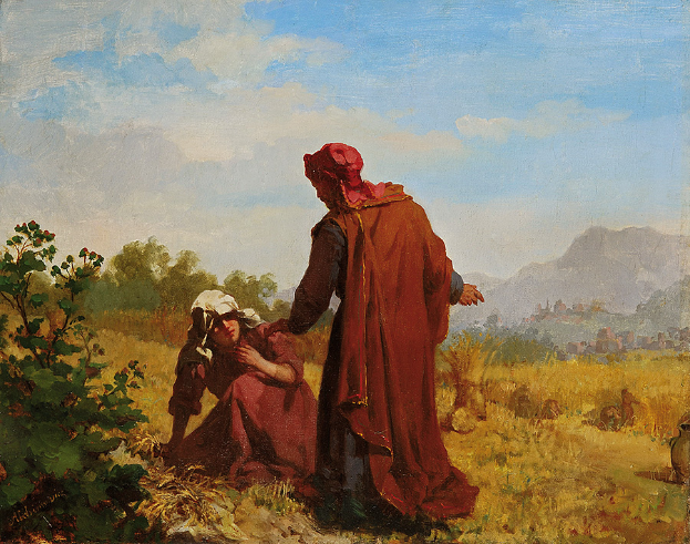 Ein Bild mit dem Titel "Die Farmersfrau" von Jean-Baptiste-Camille Corot aus dem Jahr 1872, das einen Mann und eine Frau in einem Feld mit Pflanzen, Gras, Bäumen, Hügeln und einem bewölkten Himmel zeigt.