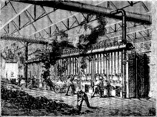 Schwarz-weiß-Illustration einer belebten Stahlfabrik der 1910er Jahre mit Arbeitern, Maschinen und Industrieausrüstung.