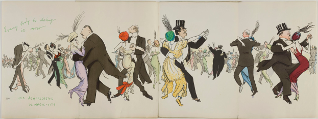 Ein aufgeschlagenes Buch mit einer Zeichnung von Menschen in bunten Kostümen, die unter einem hellblauen Himmel mit weißen Wolken tanzen, mit dem Text "Les Vendredières de Magic City" auf der linken Seite.