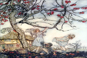 Ein Bild von drei Kindern, die Äpfel von einem Baum vor einem Haus mit Reetdach pflücken.