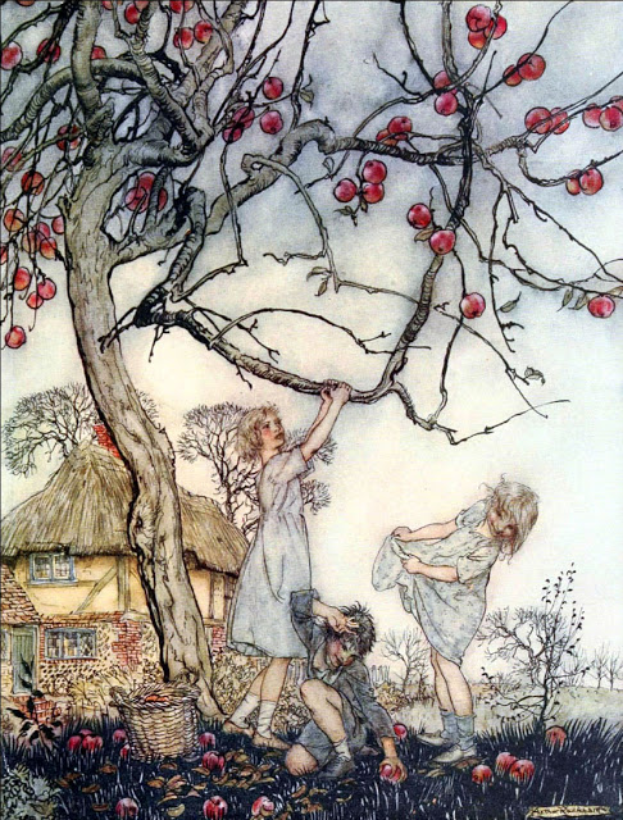 Ein Bild von drei Kindern, die Äpfel von einem Baum vor einem Haus mit Reetdach pflücken.