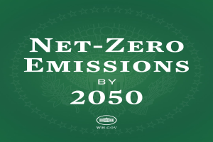 Ein grüner Hintergrund mit der fetten weißen Schrift "Netto-Null-Emissionen bis 2050".