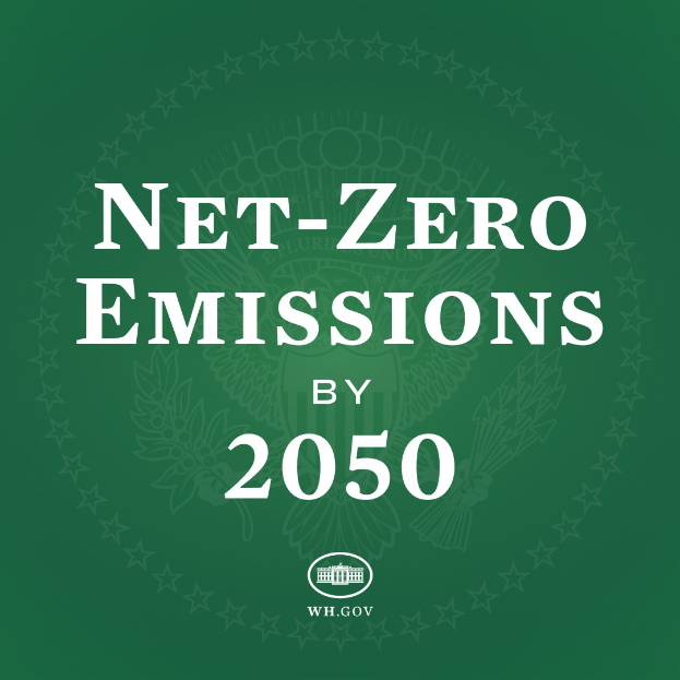 Ein grüner Hintergrund mit der fetten weißen Schrift "Netto-Null-Emissionen bis 2050".