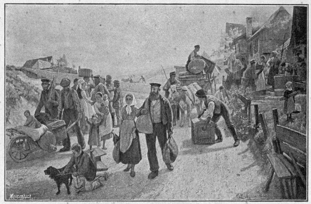 Eine Gruppe von Menschen, einige mit Taschen, geht einen Schotterweg entlang mit einem Hund und einem von Pferden gezogenen Wagen, im Hintergrund sind Häuser und ein klarer Himmel zu sehen; unten steht ein Text, der lautet "Deutsche Flüchtlinge in Deutschland".