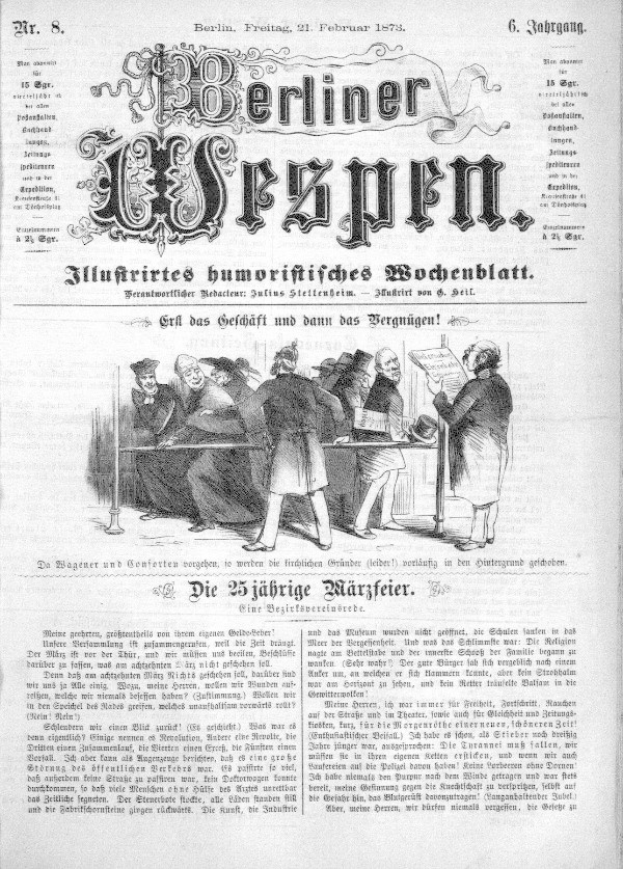 Alte deutsche Zeitung "Berliner Wespen" vom 21. Februar 1873, die eine Gruppe von Menschen in traditioneller deutscher Kleidung zeigt, die sich unterhalten, mit deutscher Text, der das Ereignis beschreibt.